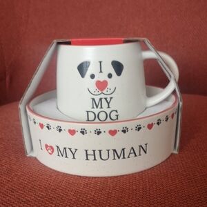 NWT Ceramic I Love My Human Dog Bowl & I Love My Dog Mug Set - White & Red